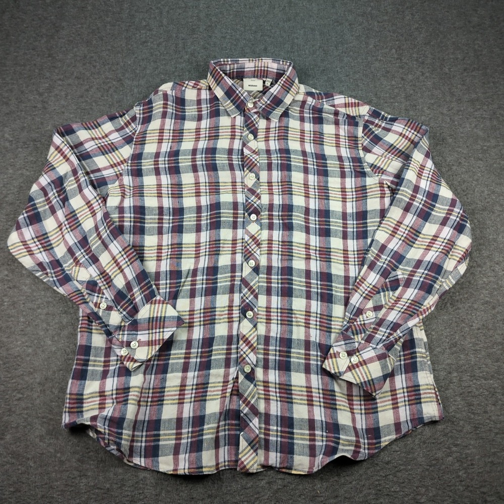 Baird McNutt Shirt Mens Large Plaid Linen Murano Casual Preppy Western